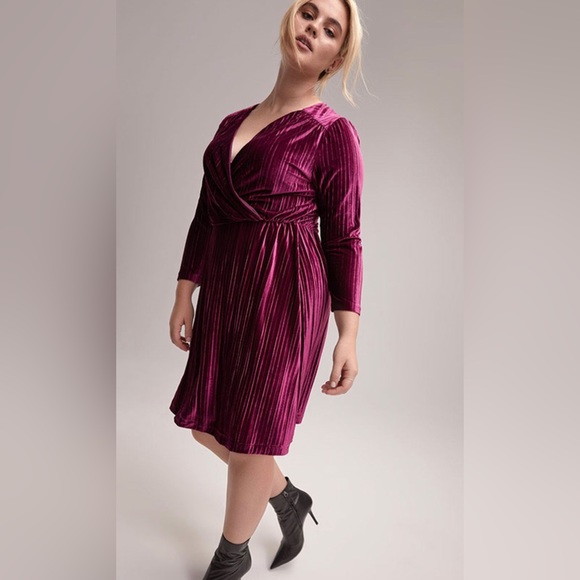 ADDITION ELLE- Michel Studio A-Line Long Sleeve Wrap Pleated Faux Velvet Dress - Picture 6 of 7